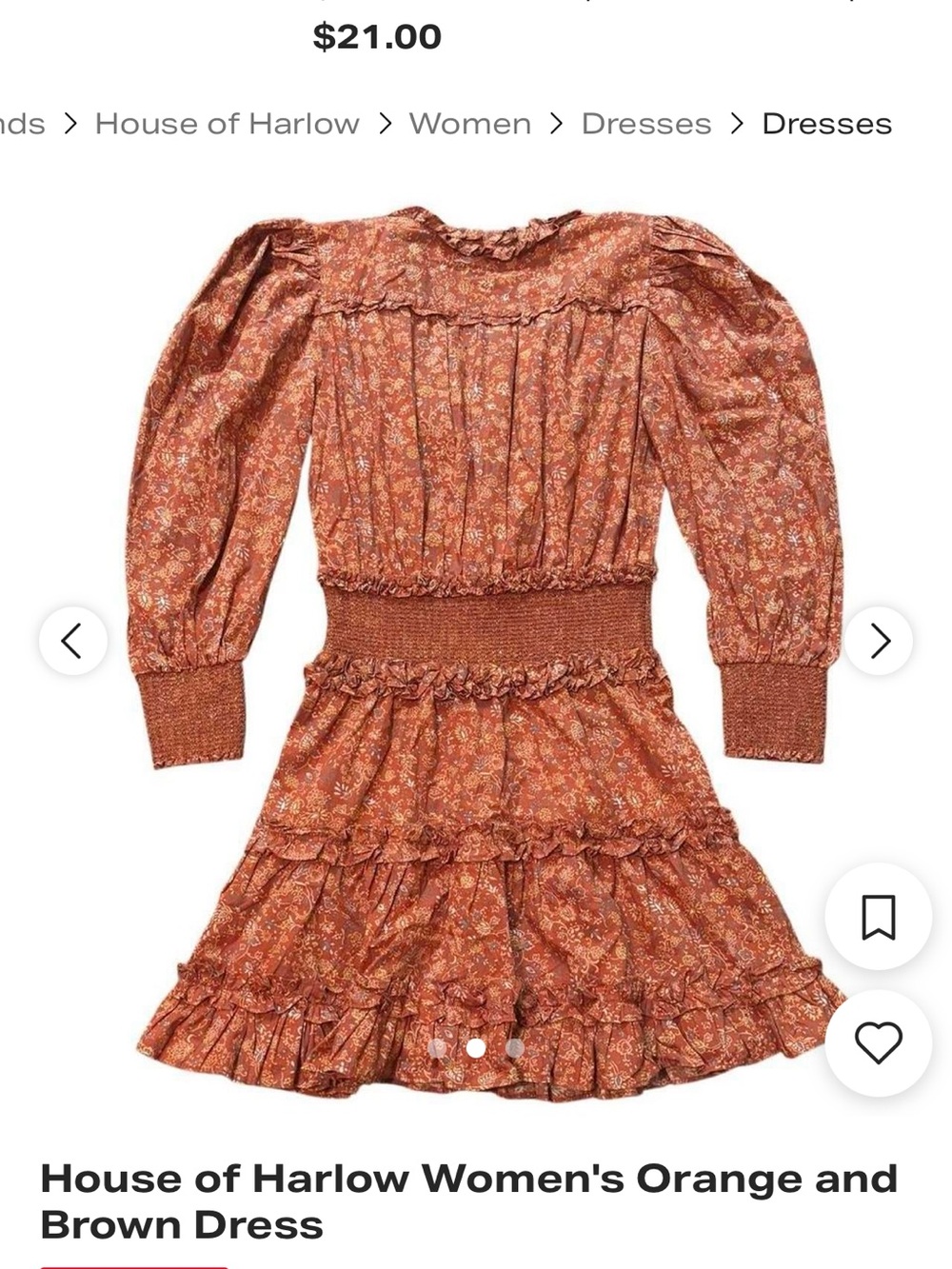 House of Harlow 1960 Orange Floral Smocked-Waist Ruffle Dress